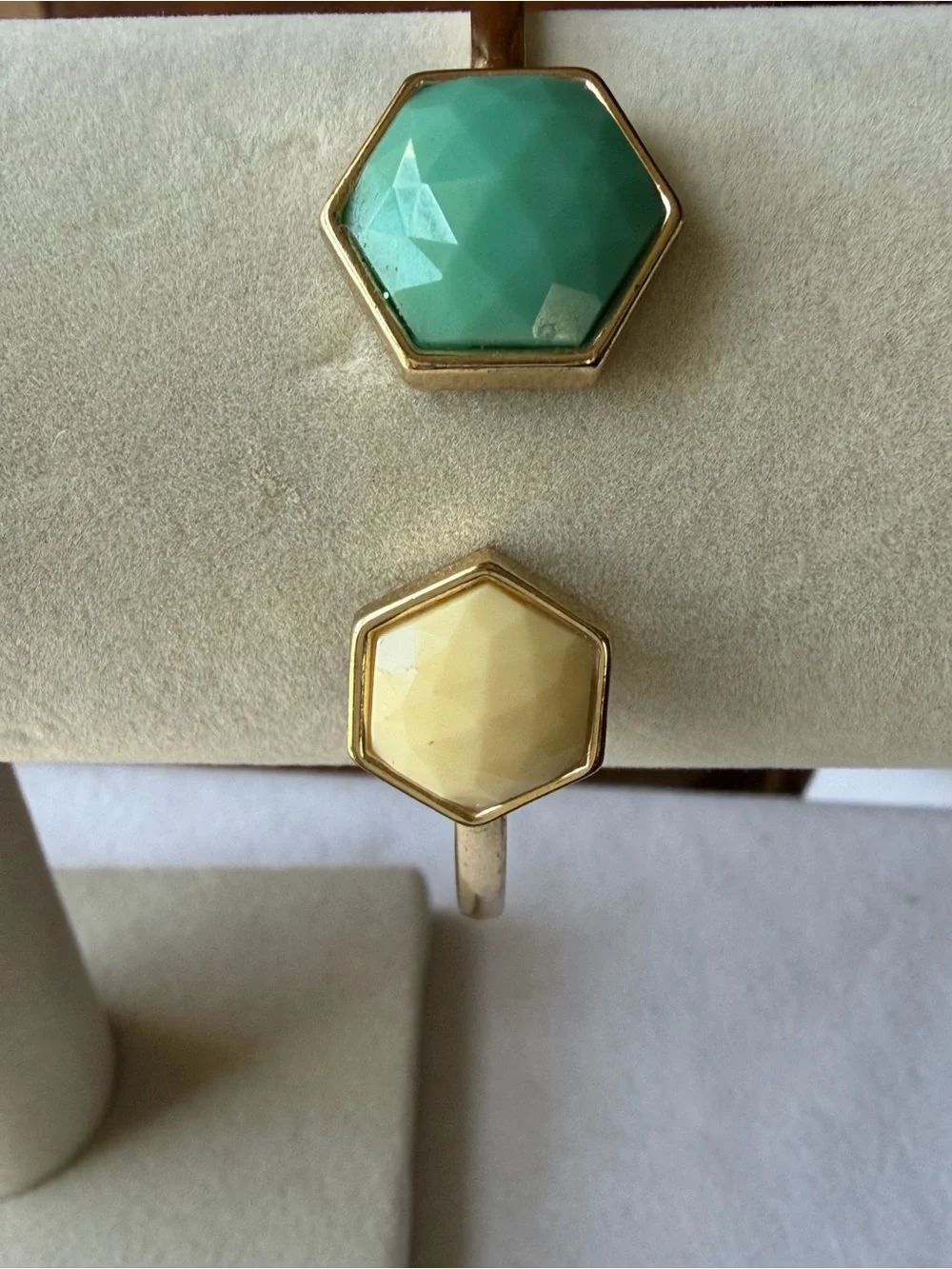 Kensie Gold Tone Faceted Stone Hexagon Open Cuff Bracelet Green Ivory